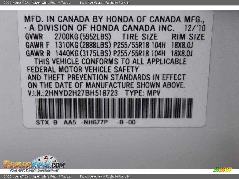2011 Acura MDX Aspen White Pearl / Taupe Photo #33