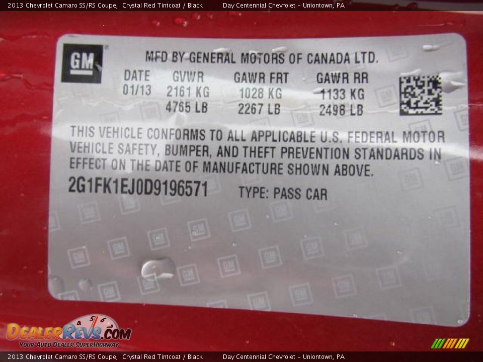 Info Tag of 2013 Chevrolet Camaro SS/RS Coupe Photo #19