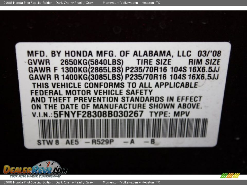 2008 Honda Pilot Special Edition Dark Cherry Pearl / Gray Photo #34