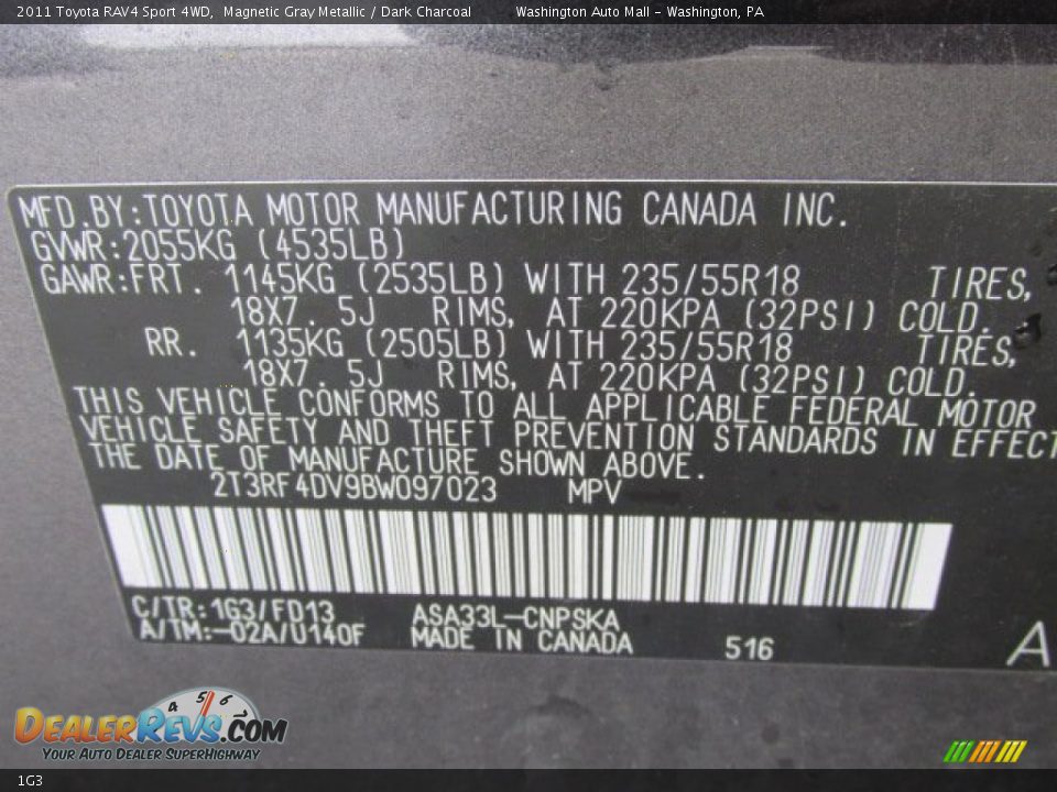 Toyota Color Code 1G3 Magnetic Gray Metallic