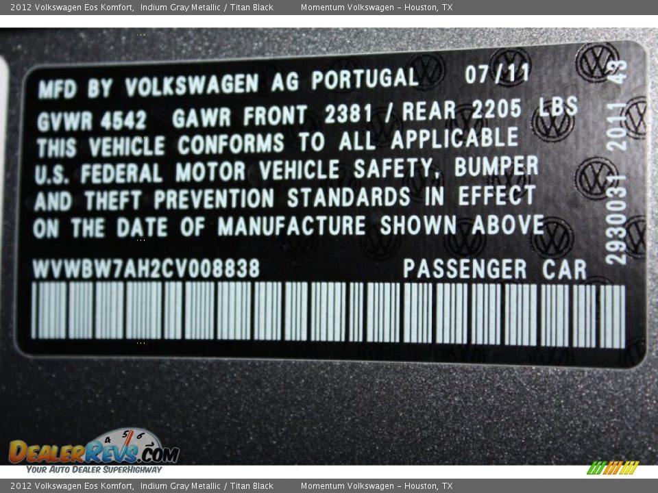 2012 Volkswagen Eos Komfort Indium Gray Metallic / Titan Black Photo #32