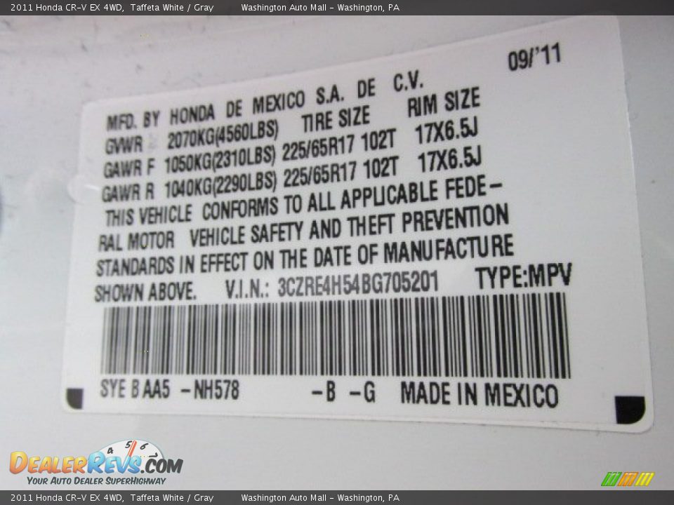 2011 Honda CR-V EX 4WD Taffeta White / Gray Photo #19