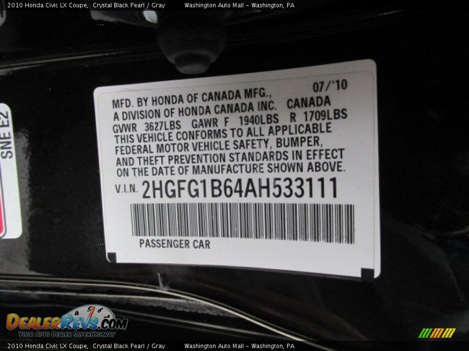 2010 Honda Civic LX Coupe Crystal Black Pearl / Gray Photo #19