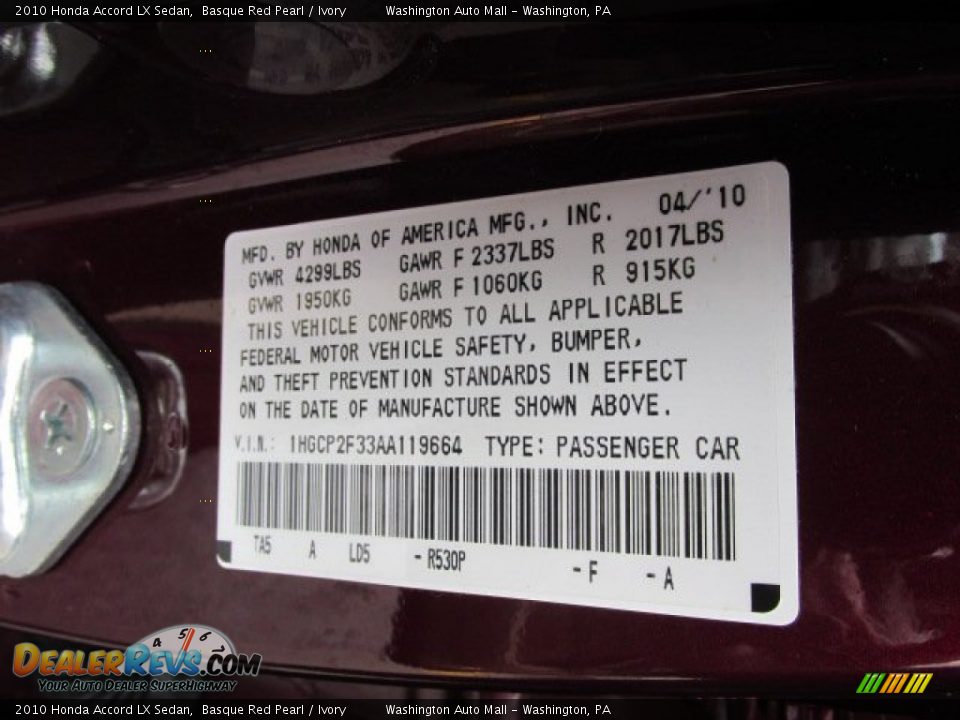 2010 Honda Accord LX Sedan Basque Red Pearl / Ivory Photo #19