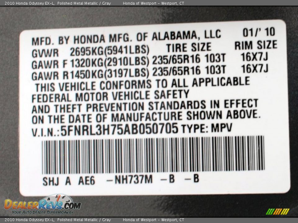 2010 Honda Odyssey EX-L Polished Metal Metallic / Gray Photo #25