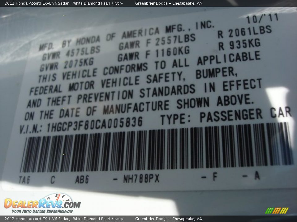 2012 Honda Accord EX-L V6 Sedan White Diamond Pearl / Ivory Photo #30