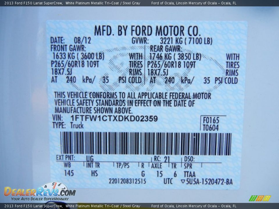 2013 Ford F150 Lariat SuperCrew White Platinum Metallic Tri-Coat / Steel Gray Photo #13