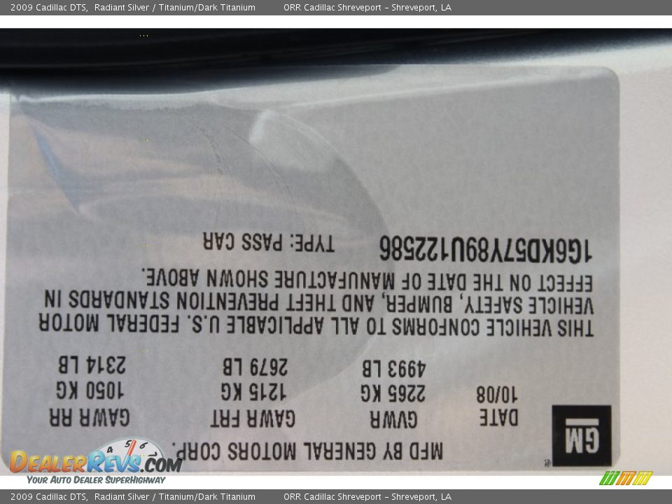 Info Tag of 2009 Cadillac DTS  Photo #33