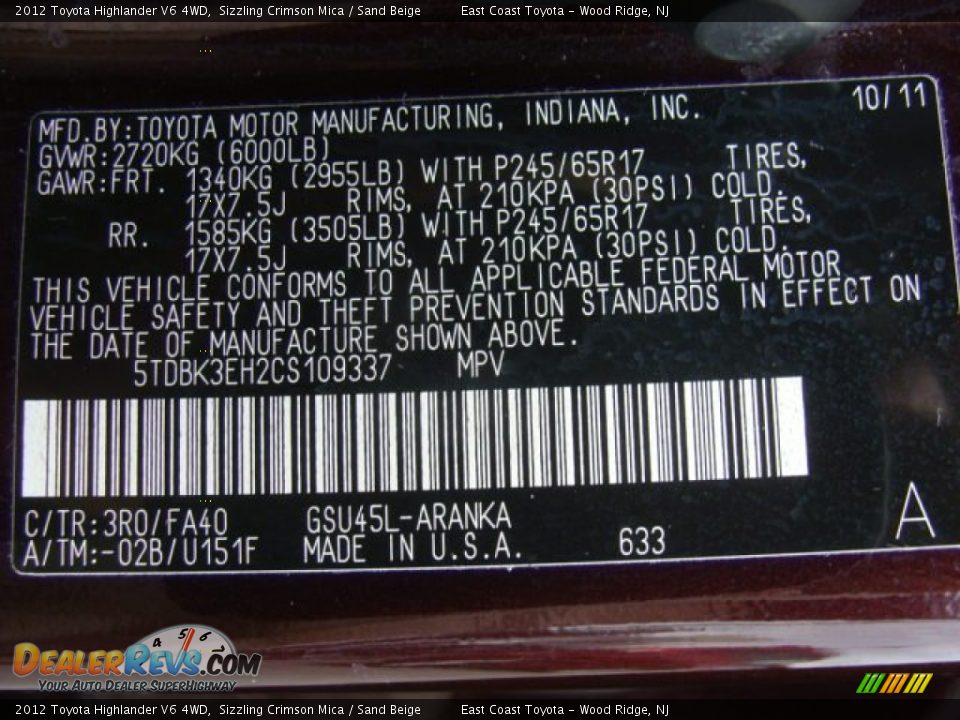 2012 Toyota Highlander V6 4WD Sizzling Crimson Mica / Sand Beige Photo #15