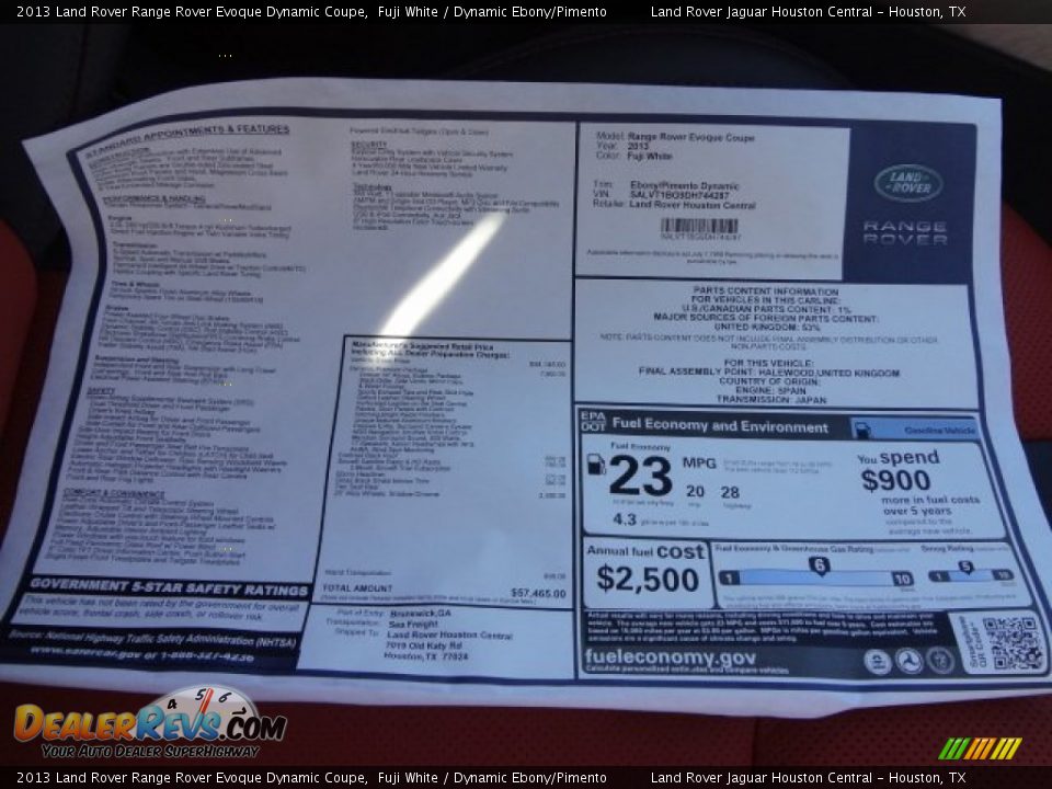 2013 Land Rover Range Rover Evoque Dynamic Coupe Window Sticker Photo #19