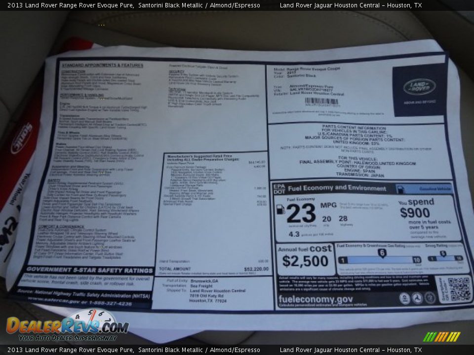 2013 Land Rover Range Rover Evoque Pure Window Sticker Photo #18