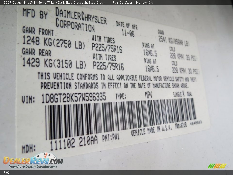 Dodge Color Code PW1 Stone White