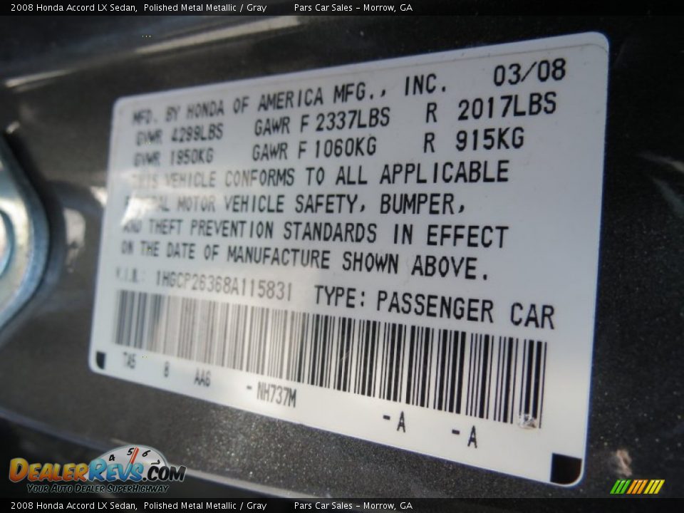 2008 Honda Accord LX Sedan Polished Metal Metallic / Gray Photo #14
