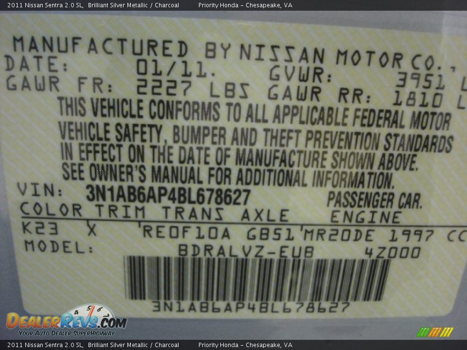 2011 Nissan Sentra 2.0 SL Brilliant Silver Metallic / Charcoal Photo #30
