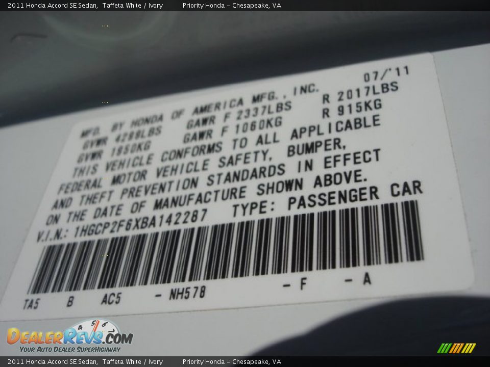 2011 Honda Accord SE Sedan Taffeta White / Ivory Photo #30
