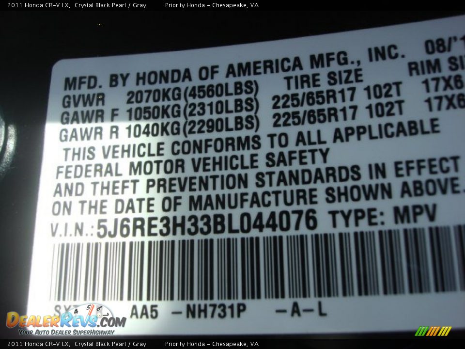 2011 Honda CR-V LX Crystal Black Pearl / Gray Photo #25