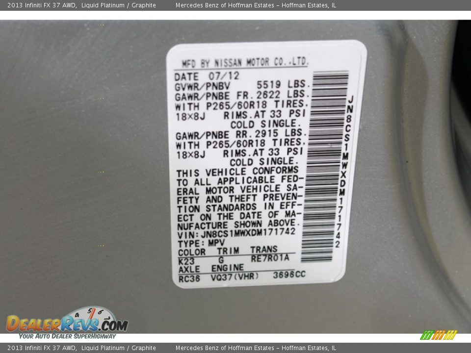 2013 Infiniti FX 37 AWD Liquid Platinum / Graphite Photo #33