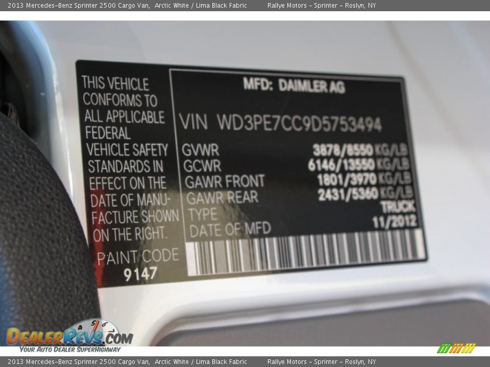 2013 Mercedes-Benz Sprinter 2500 Cargo Van Arctic White / Lima Black Fabric Photo #14