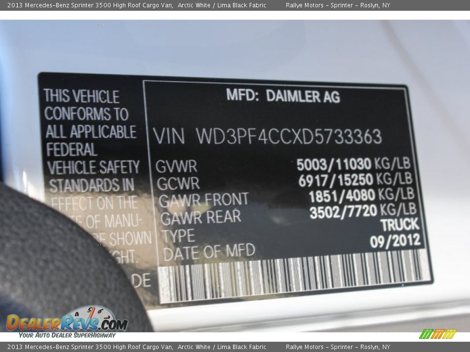 2013 Mercedes-Benz Sprinter 3500 High Roof Cargo Van Arctic White / Lima Black Fabric Photo #17