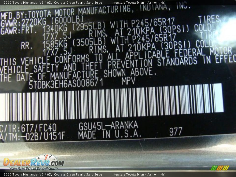 2010 Toyota Highlander V6 4WD Cypress Green Pearl / Sand Beige Photo #28