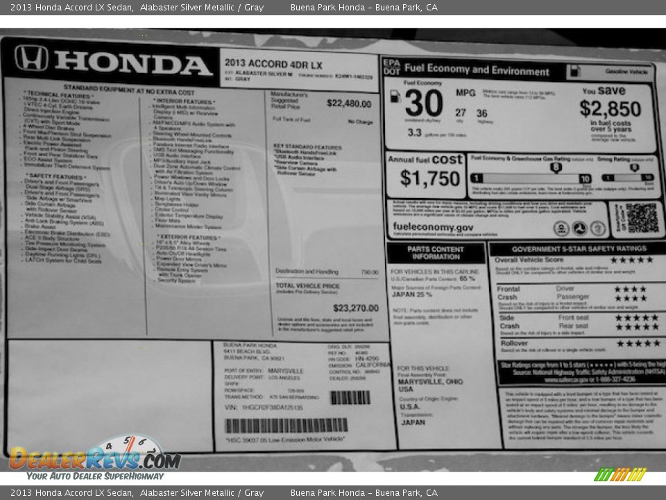 2013 Honda Accord LX Sedan Alabaster Silver Metallic / Gray Photo #19