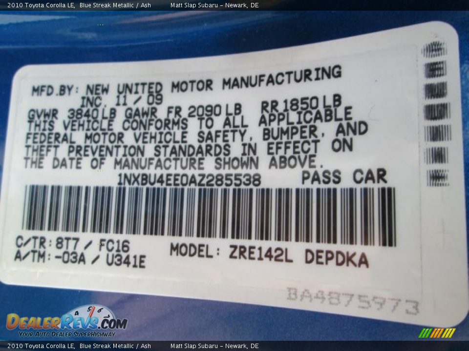 2010 Toyota Corolla LE Blue Streak Metallic / Ash Photo #27