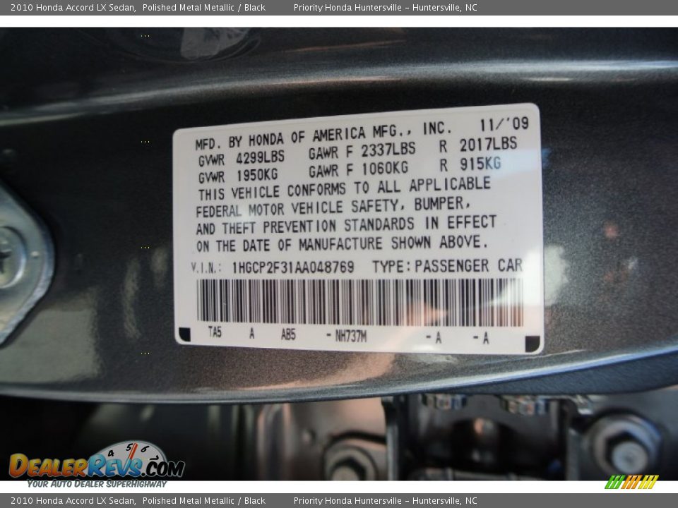 2010 Honda Accord LX Sedan Polished Metal Metallic / Black Photo #8