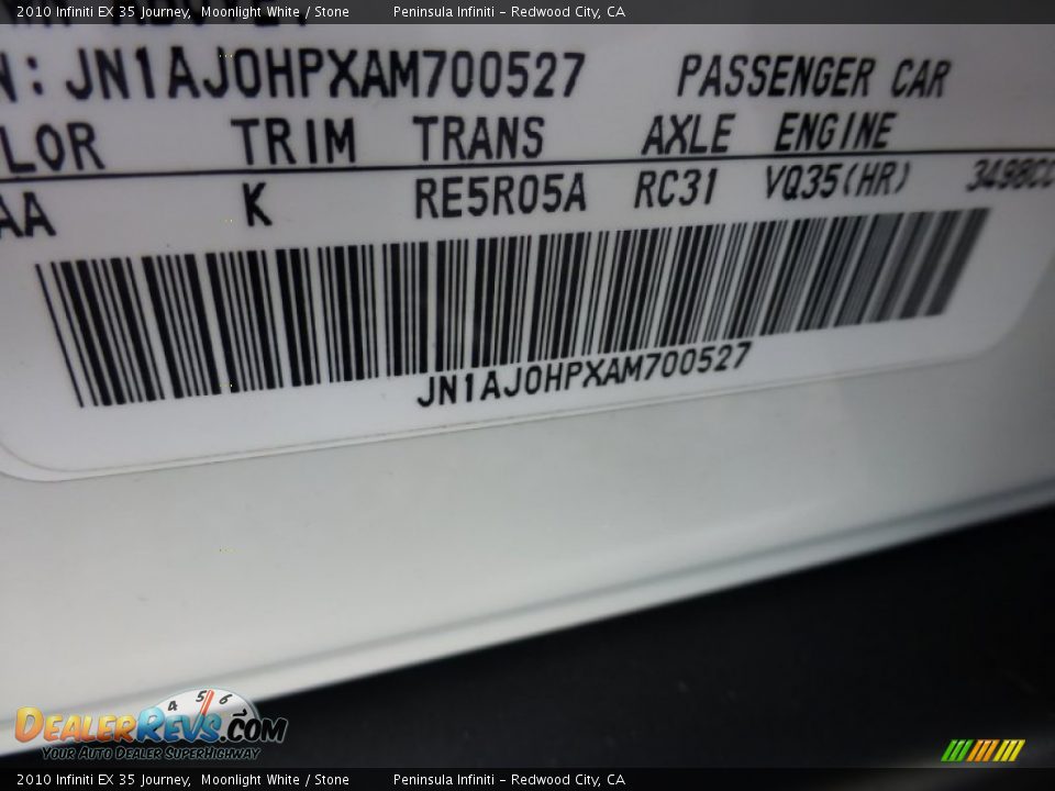 2010 Infiniti EX 35 Journey Moonlight White / Stone Photo #26