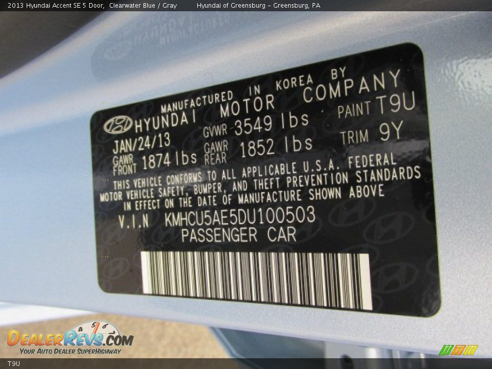 Hyundai Color Code T9U Clearwater Blue