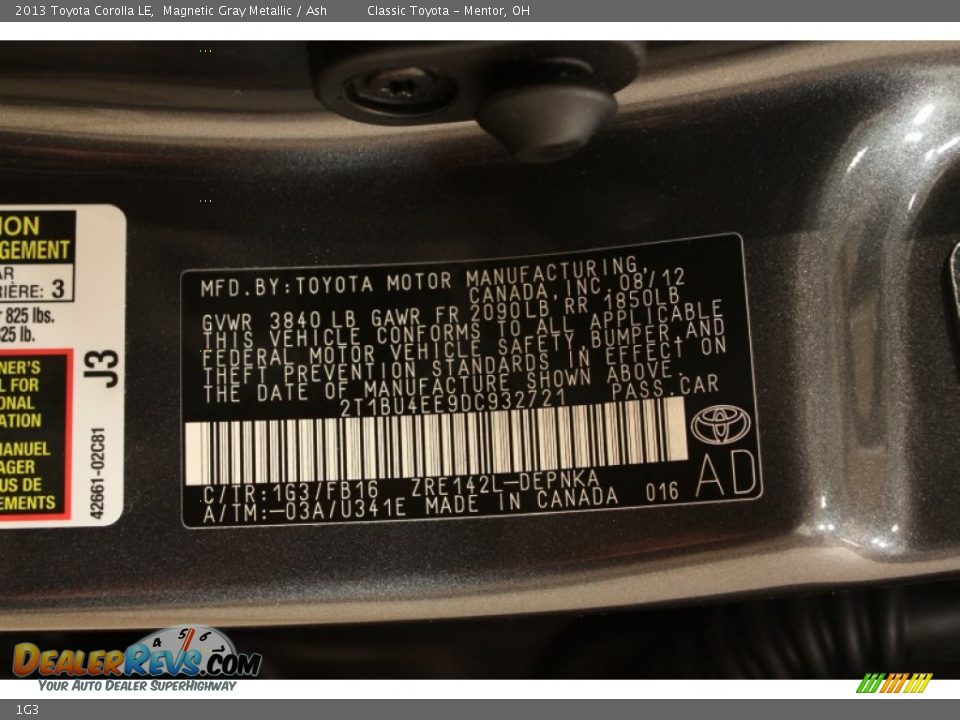 Toyota Color Code 1G3 Magnetic Gray Metallic