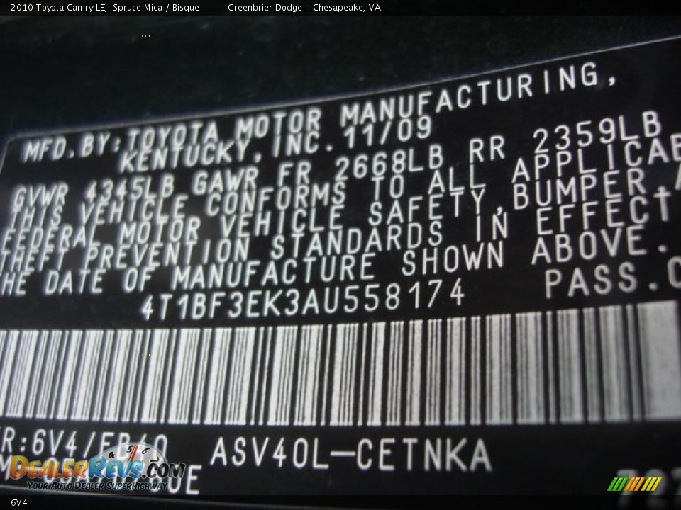 Toyota Color Code 6V4 Spruce Mica