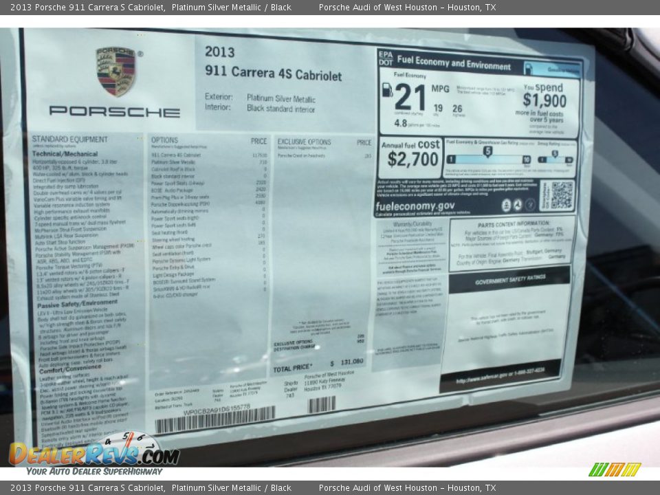 2013 Porsche 911 Carrera S Cabriolet Window Sticker Photo #29