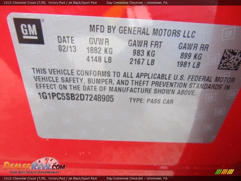 Info Tag of 2013 Chevrolet Cruze LT/RS Photo #19