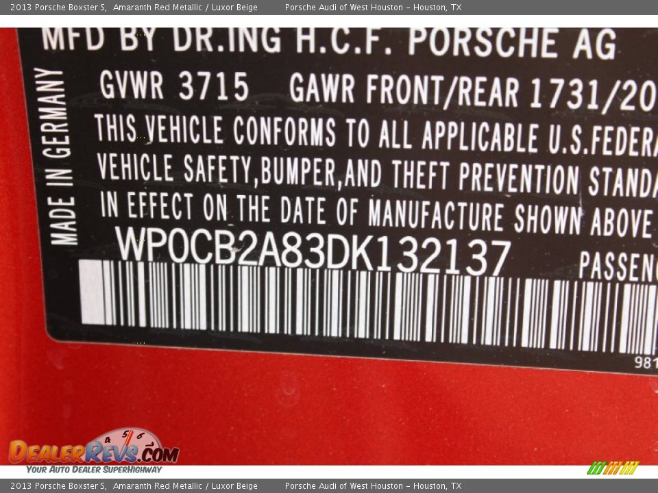 Info Tag of 2013 Porsche Boxster S Photo #32