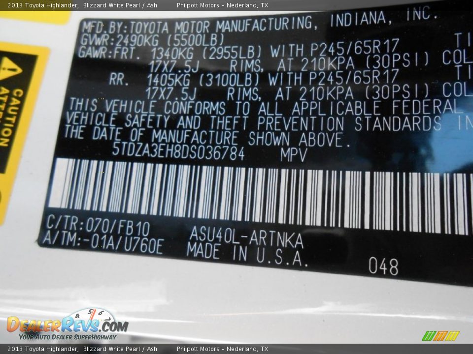 2013 Toyota Highlander Blizzard White Pearl / Ash Photo #34