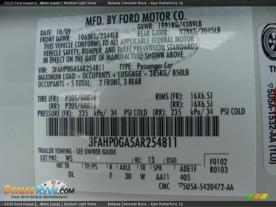 2010 Ford Fusion S White Suede / Medium Light Stone Photo #15
