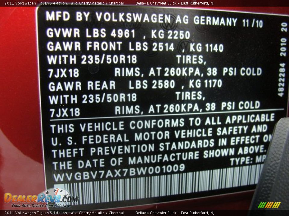 2011 Volkswagen Tiguan S 4Motion Wild Cherry Metallic / Charcoal Photo #14