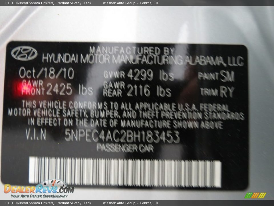 2011 Hyundai Sonata Limited Radiant Silver / Black Photo #31