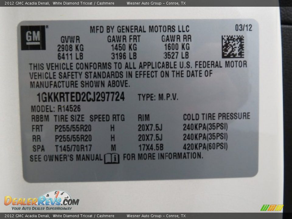 2012 GMC Acadia Denali White Diamond Tricoat / Cashmere Photo #33