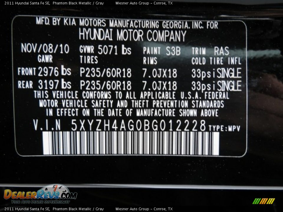 2011 Hyundai Santa Fe SE Phantom Black Metallic / Gray Photo #30