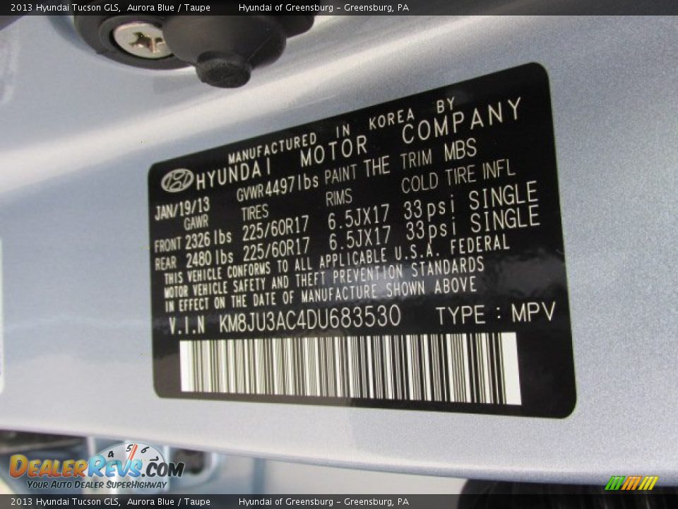 2013 Hyundai Tucson GLS Aurora Blue / Taupe Photo #10