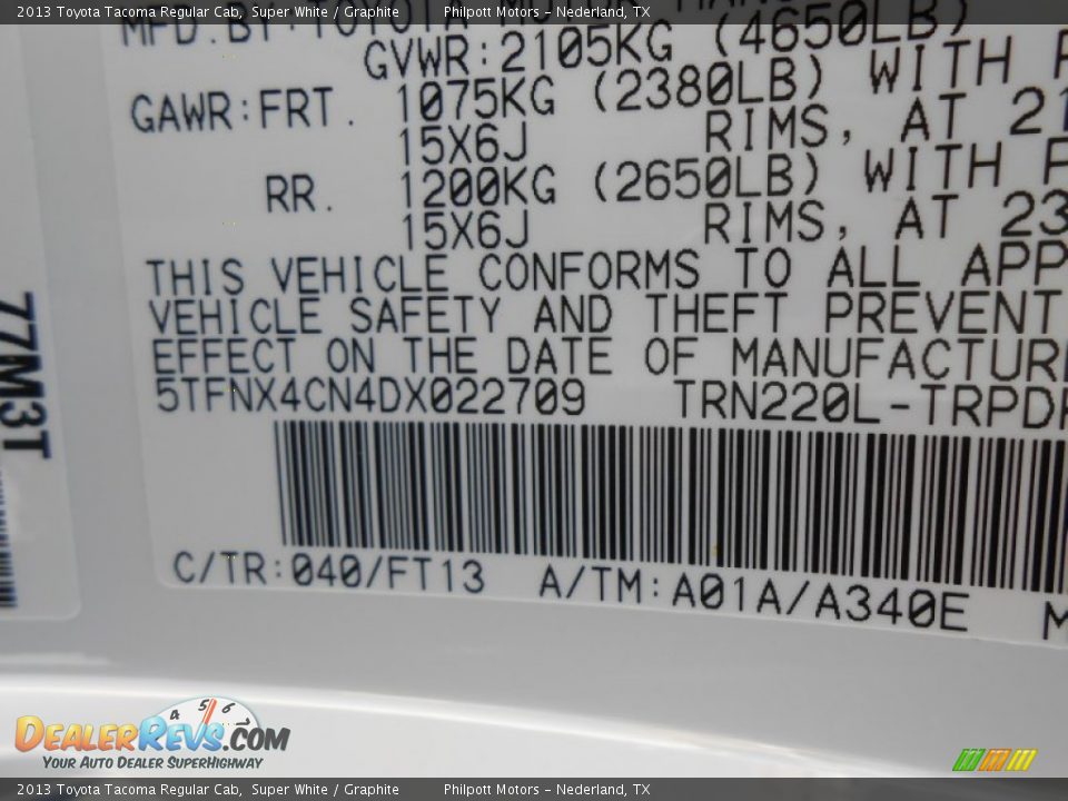 2013 Toyota Tacoma Regular Cab Super White / Graphite Photo #28