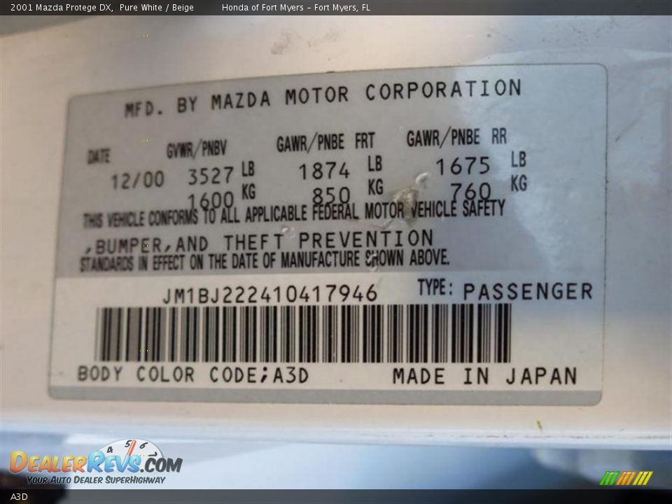 Mazda Color Code A3D Pure White