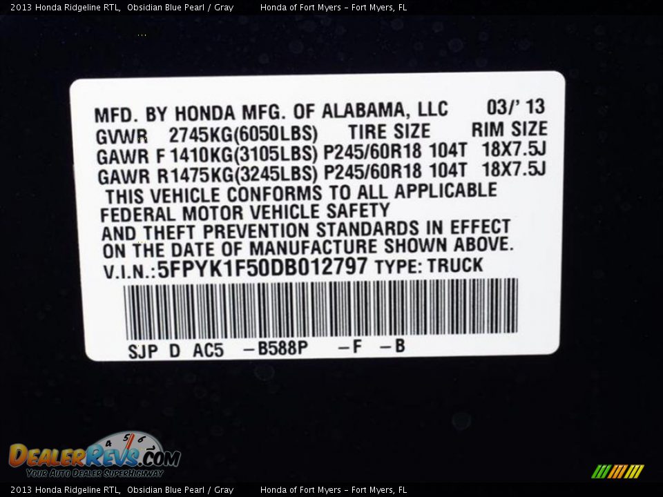 2013 Honda Ridgeline RTL Obsidian Blue Pearl / Gray Photo #10