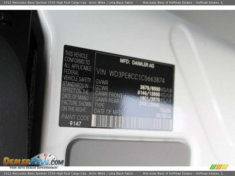 2012 Mercedes-Benz Sprinter 2500 High Roof Cargo Van Arctic White / Lima Black Fabric Photo #13