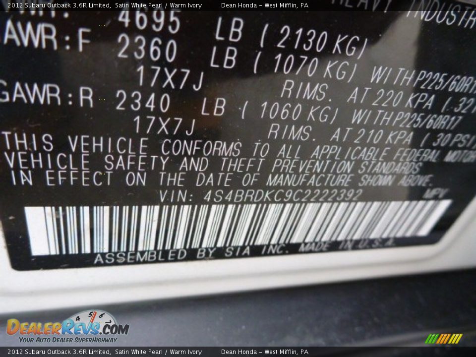 2012 Subaru Outback 3.6R Limited Satin White Pearl / Warm Ivory Photo #17