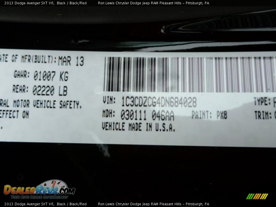 2013 Dodge Avenger SXT V6 Black / Black/Red Photo #19