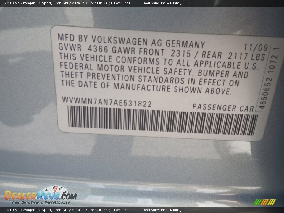 2010 Volkswagen CC Sport Iron Grey Metallic / Cornsilk Beige Two Tone Photo #14