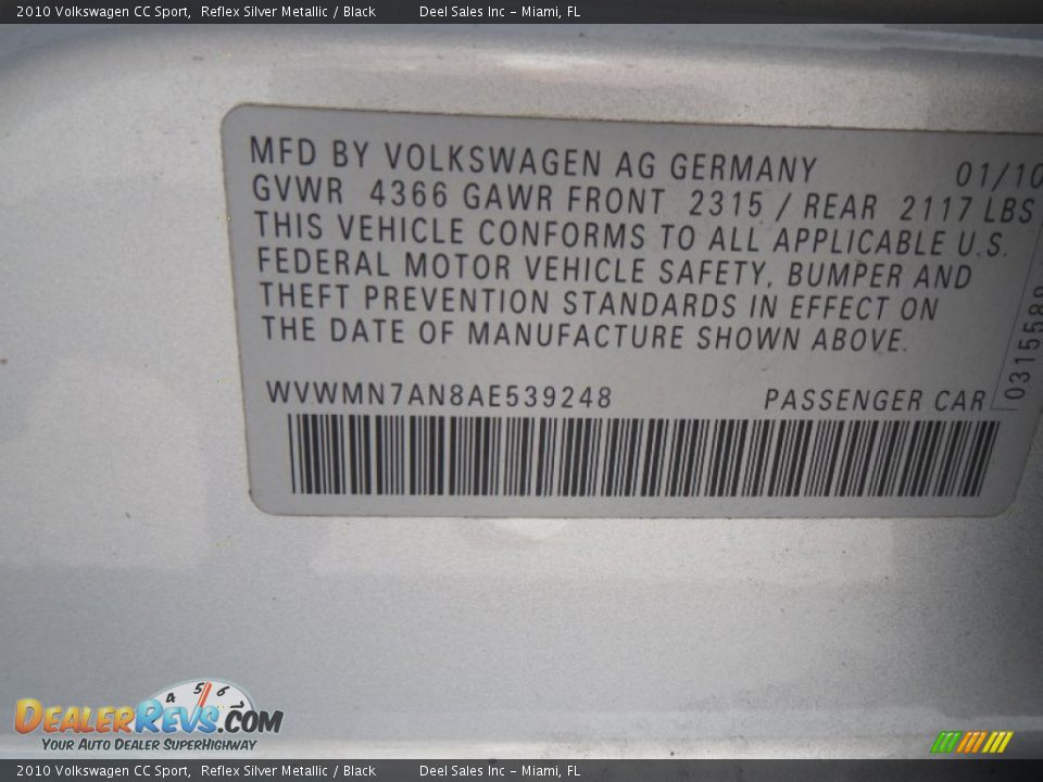 2010 Volkswagen CC Sport Reflex Silver Metallic / Black Photo #14