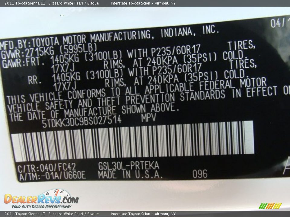 2011 Toyota Sienna LE Blizzard White Pearl / Bisque Photo #26